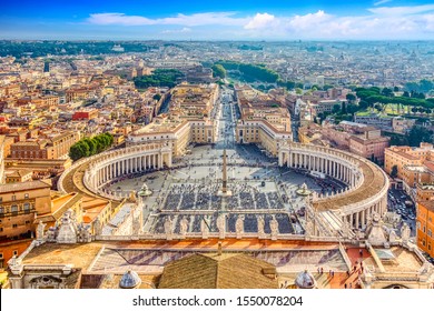 Famous Saint Peter's Square in Vatican and aerial view of the Rome city during sunny day.