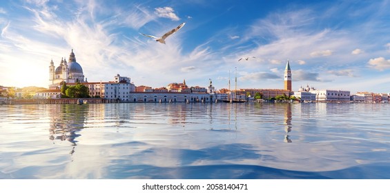 Famous Salute Church, San Marco and Doge's Palace at sunset, Venice, Italy