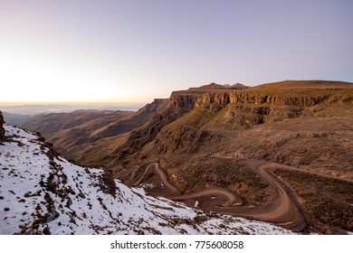 The Famous Sani Pass From South Africa To Lesotho With Snow Of Edge