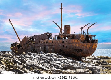 Famous shipwreck boat at Inisheer Aran Islands Ireland summer day - Shutterstock ID 2342491101