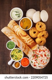 Famous South Indian Food Dosa Idly Vada Oothappam With Sambar Coconut Chutney And Tomato Chutney