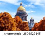 Famous St. Isaac Cathedral on autumn day. Picturesque view from the Senate Square on summer day. Saint-Petersburg, Russia