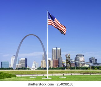 Famous St. Louis Arch And American Flag