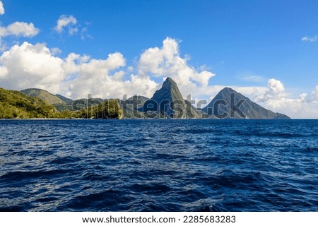 Famous St Lucia Twin Pitons in Soufriere captured from the Caribbean Sea