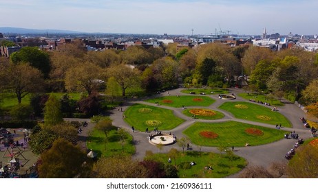 Famous St Stephens Green Park In Dublin From Above - Aerial View By Drone