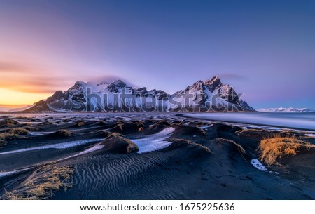 Famous Stokksness beach in Iceland during sunset