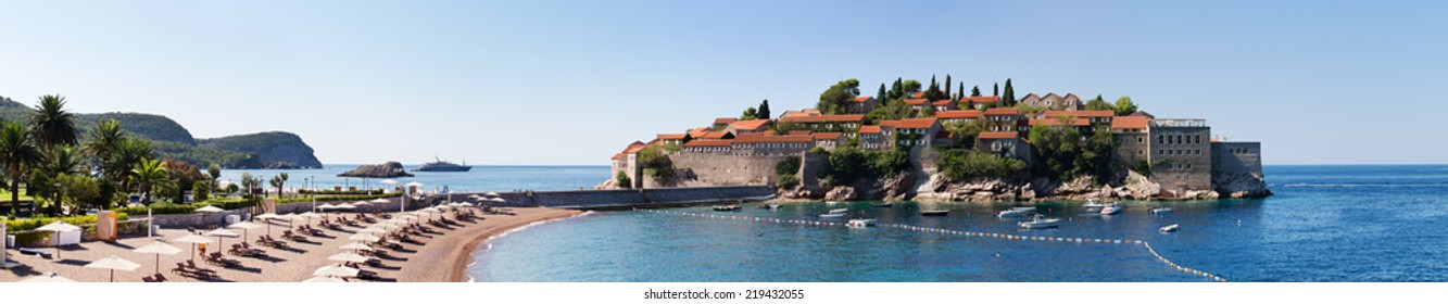 Famous Sveti stefan island in Montenegro. Ancient castle, modern luxury resort.
