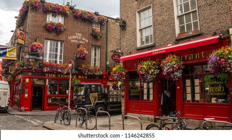 The famous Temple bar, located in the Temple bar district of Dublin Ireland. July of 2018, editorial descriptive of the famous district in Dublin.