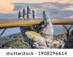 Famous tourist attraction - Golden bridge at the top of the Ba Na Hills, Vietnam