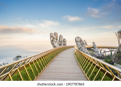 Famous tourist attraction - Golden bridge at the top of the Ba Na Hills, Vietnam