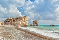 Famous Touristic Landmark Aphrodite's Rock And Empty Pebble Beach Petra Tou Romiou At Early Spring, Cyprus