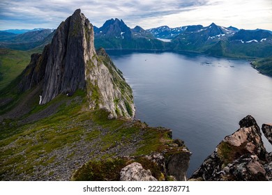 the famous view of segla mountain as seen from the hesten trail, senja, norway; the mighty mountain in the norwegian fjord