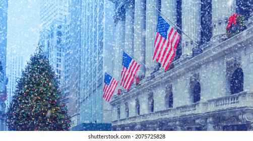 Famous Wall Street in New York City, Christmas time and decoration, Winter snow,  NYC, USA