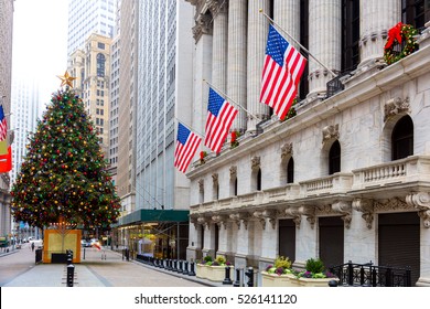 Famous Wall Street In New York City, Christmas Time And Decoration, NYC, USA