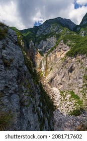 Famous Waterfall Slap Boka On Sunny Summer Day In Julian Alps In Triglav National Park, Slovenia