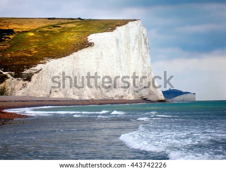 The famous white cliffs of Dover seen from the beach below