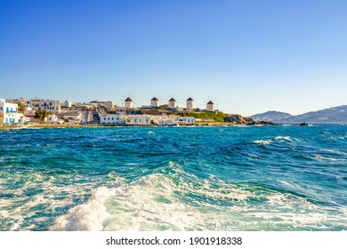 Famous Windmills At The Coast Of Mykonos Island,Cyclades, Greece