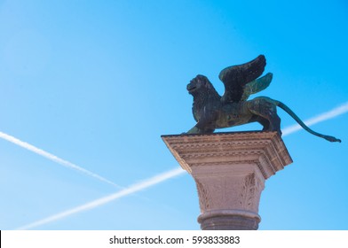 Famous Winged Lion On San Marco Square In Venice, Symbol Of The Film Festival