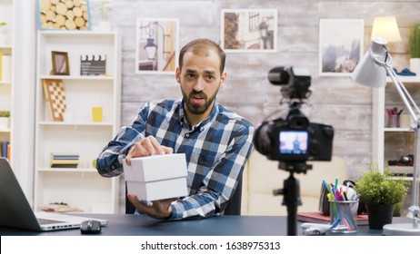 Famous Young Influencer Recording The Unboxing Of A Phone. Creative Content Creator.