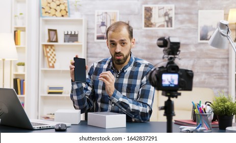 Famous Young Influencer Recording The Unboxing Of A Phone. Creative Content Creator.