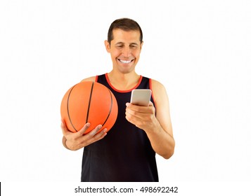 Fan Of Basketball Is Betting In Internet With His Smart Phone Over White Background