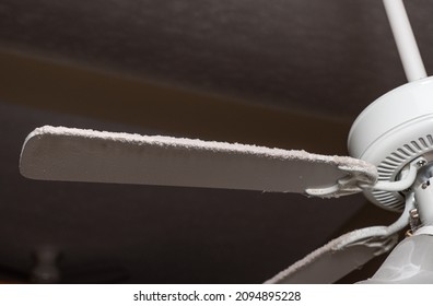 Fan Blade On Ceiling Fan And Light Fixture In Need Of Cleaning To Remove Dust And Fluff Along The Edge