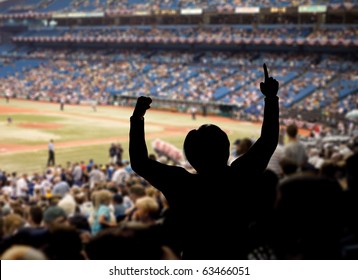 Fan celebrating a team victory at a baseball game.