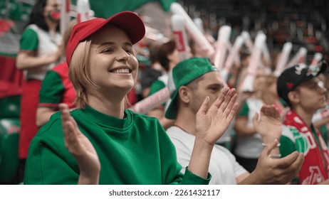 Fan cheer volleyball team. Football air stadium. Soccer tribune. Hockey stand. Tennis arena. Guy joy clap. Cap girl cheering. Basketball fans crowd. Cricket close up. Rugby win goal. Baseball play cup - Shutterstock ID 2261432117