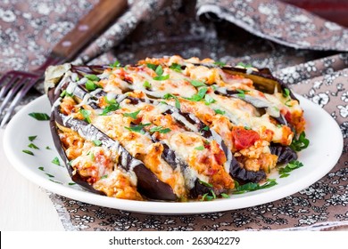 Fan Of Eggplant, Meat Stews, Tomatoes, Cheese, Delicious Italian Dish