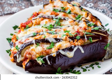 Fan Of Eggplant, Meat Stews, Tomatoes, Cheese, Delicious Italian Dish