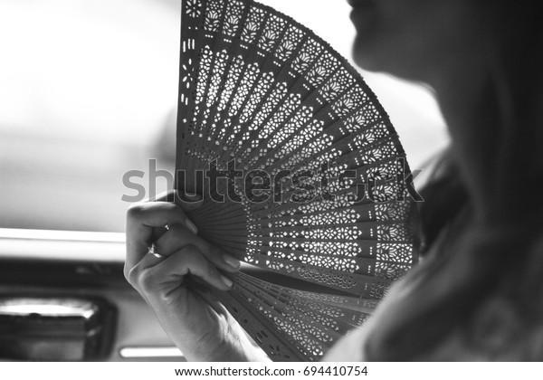 Fan in the tropic. Girl using a fan. Silhouette fan.\
Girl in car with fan
