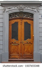 Fancy Art Neuveau Door. Wooden Door. Decorated Building Enterance. Fancy Door. Closed Door.