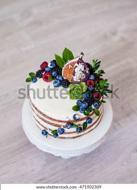 Fancy Cake Decorated Blueberries Figs Raspberries Stock Photo