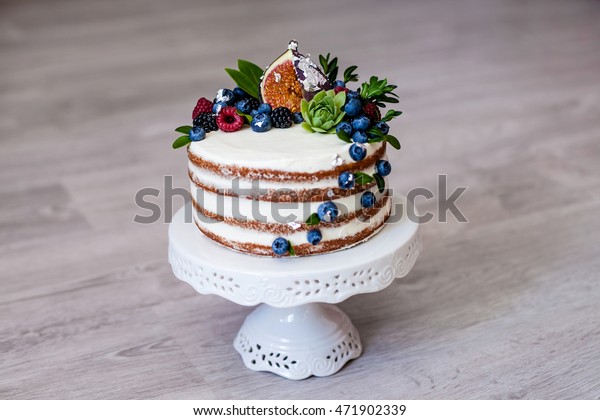 Fancy Cake Decorated Blueberries Figs Raspberries Stock Photo