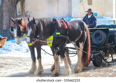 Fancy Christmas Horse Carriage For Skiing Tourists. Austria, Kitsbuhel, February 2012