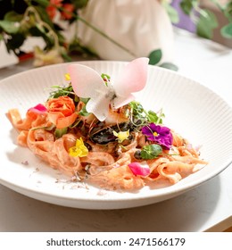 Fancy and colorful fusion pasta and risotto with lovely Edible Flowers as decorations - Powered by Shutterstock