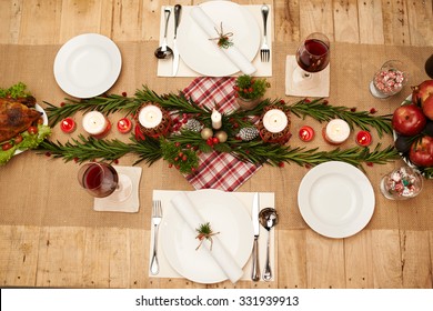 Fancy Decoration Of Christmas Table, View From The Top