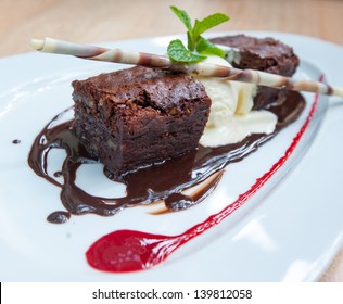 Fancy Dessert, Chocolate Brownie And Ice Cream