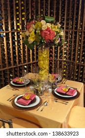 Fancy Dinner Setting For An Event In A Wine Cellar.