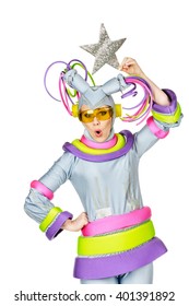 Fancy Dress Party. Woman In Futuristic Yellow Glasses And Creative Metallic Silver Costume.image Isolated Over White Background