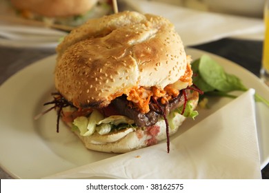 Fancy Fusion Burger Hamburger Elegant Decorated On White Plate