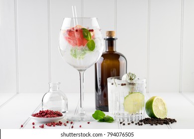 fancy gin and tonic selection drink alcohol cocktail craft fresh fruit spices mint glass bar 