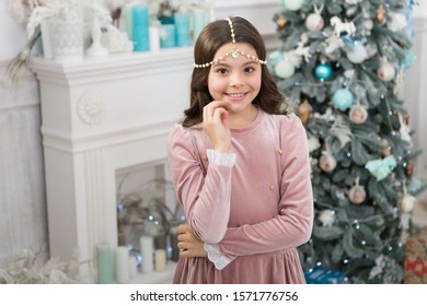 Fancy Girl In Luxury Decorated Interior. Happy Childhood. Waiting Christmas. Glamorous Girl Celebrate Christmas. Host Amazing Christmas Party At Home. Child Enjoy Winter Holidays. Winter Vacation.