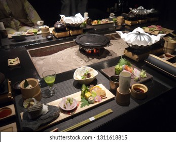 Fancy Japanese Ryokan Dinner, Various Gourmet Kaiseki Meals, Traditional Irori Fireplace With Glowing Coals