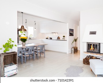 Fancy Living Room With Fireplace And Kitchen In The Background