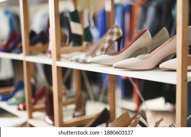 Fancy Shoes On A Rack In A Boutique Store