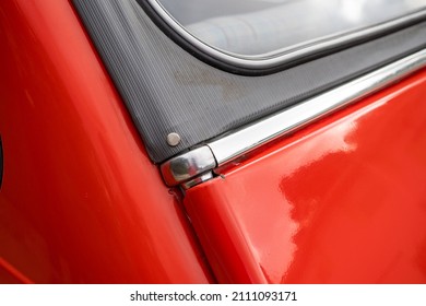 Fancy Vintage Red Car Classic Automobile 1974 French Exterior Close Up Shiny Red Paint, Smooth Curvy Lines Beautiful Car