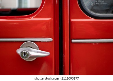 Fancy Vintage Red Car Classic Automobile 1974 French Exterior Close Up Shiny Red Paint, Smooth Curvy Lines Beautiful Car