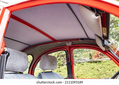 Fancy Vintage Red Car Classic Automobile 1974 French Exterior Close Up Shiny Red Paint, Smooth Curvy Lines Beautiful Car