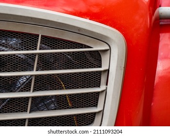 Fancy Vintage Red Car Classic Automobile 1974 French Exterior Close Up Shiny Red Paint, Smooth Curvy Lines Beautiful Car